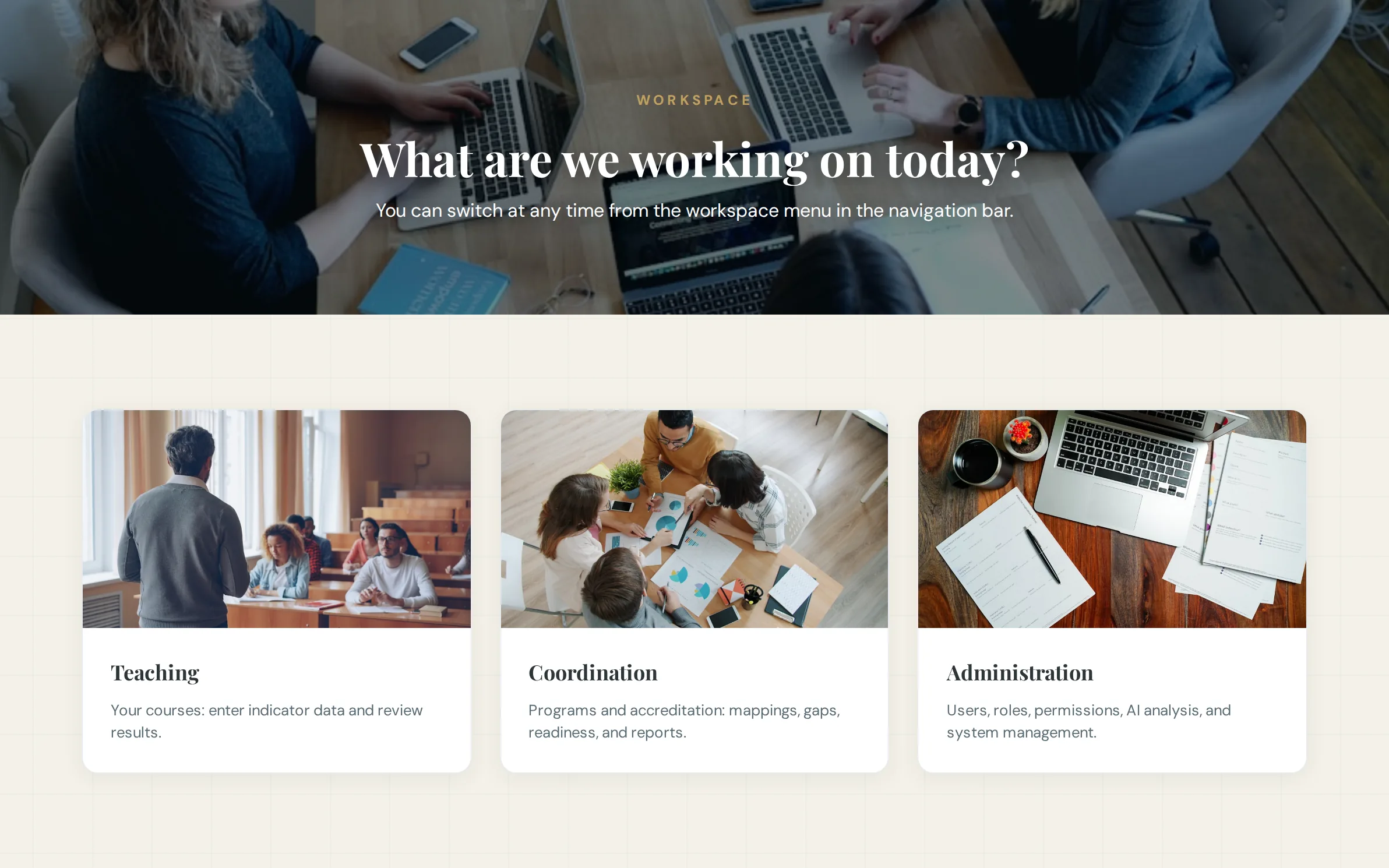AI Governance: Workspace chooser with Teaching, Coordination and Administration workspaces