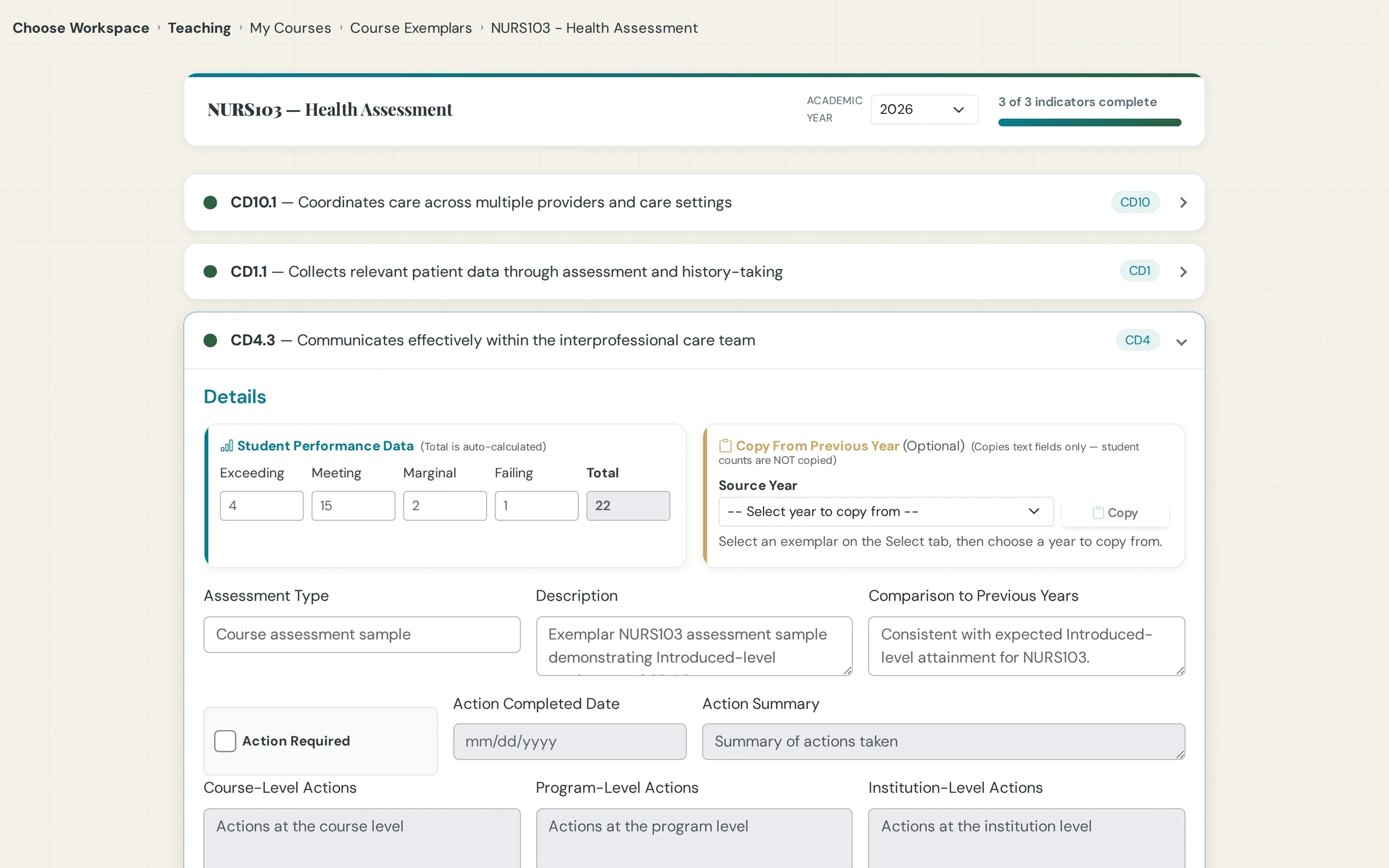 Nursing: Course exemplar opened with its evidence filed against the course-indicator pairing