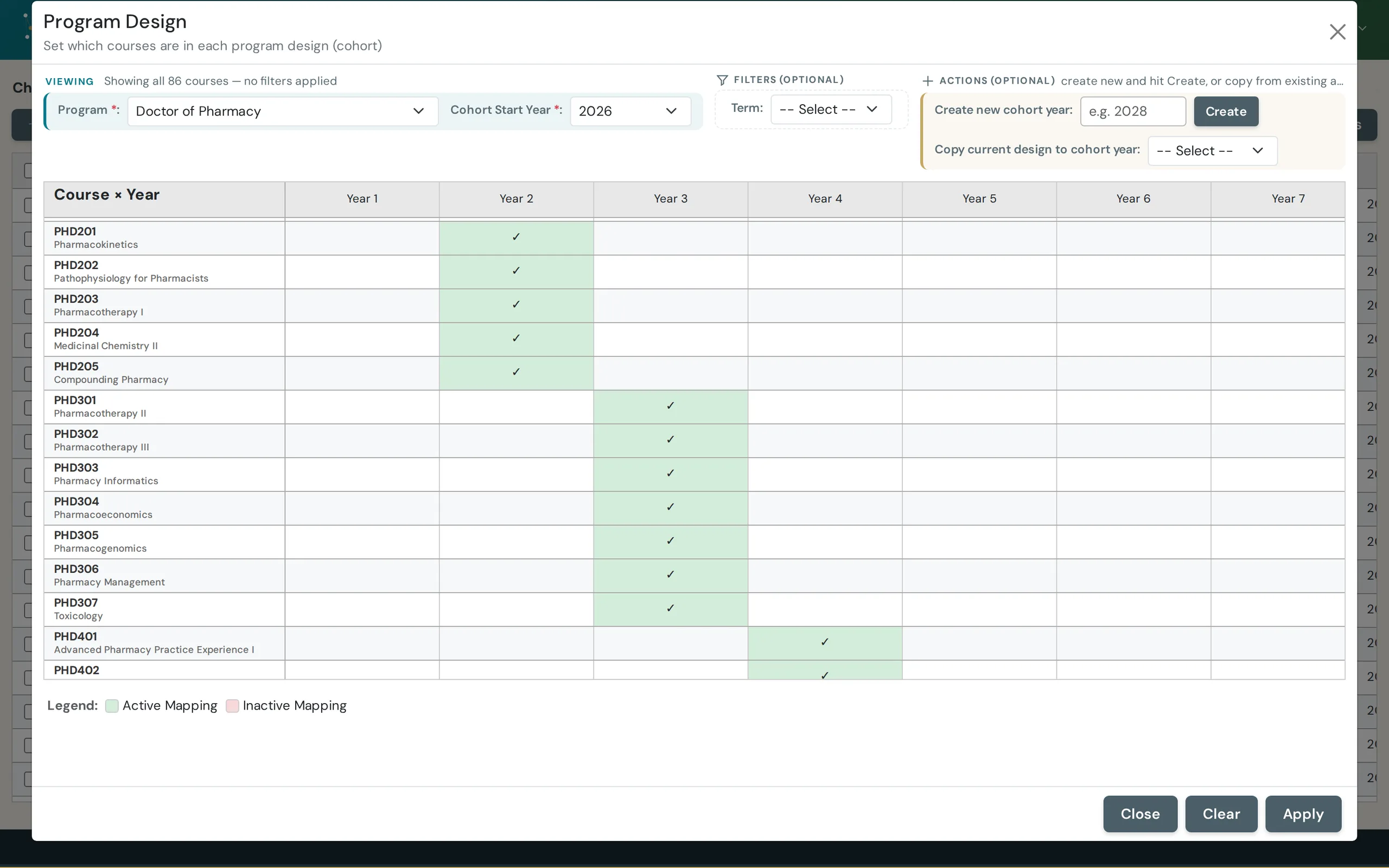 Pharmacy: Junction editor mapping program courses to indicators by cohort