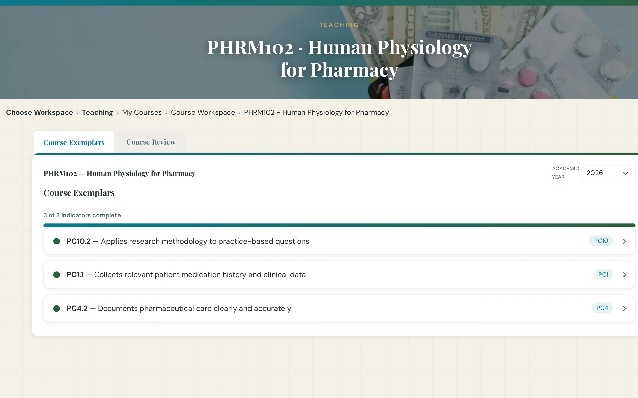 Pharmacy: Instructor course workspace showing only their course and its indicators