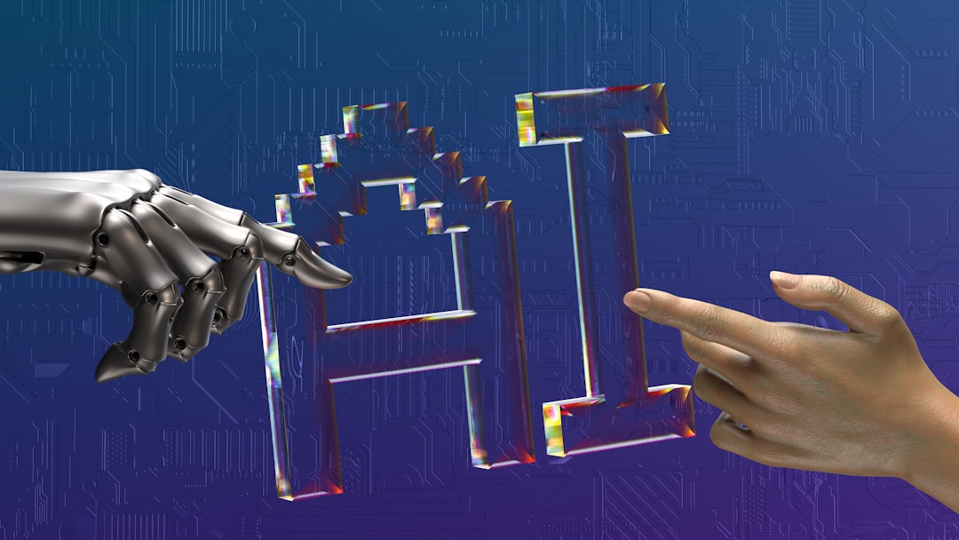 Robot and human hands reaching toward AI — representing the human-AI collaboration ABET's policy emphasizes